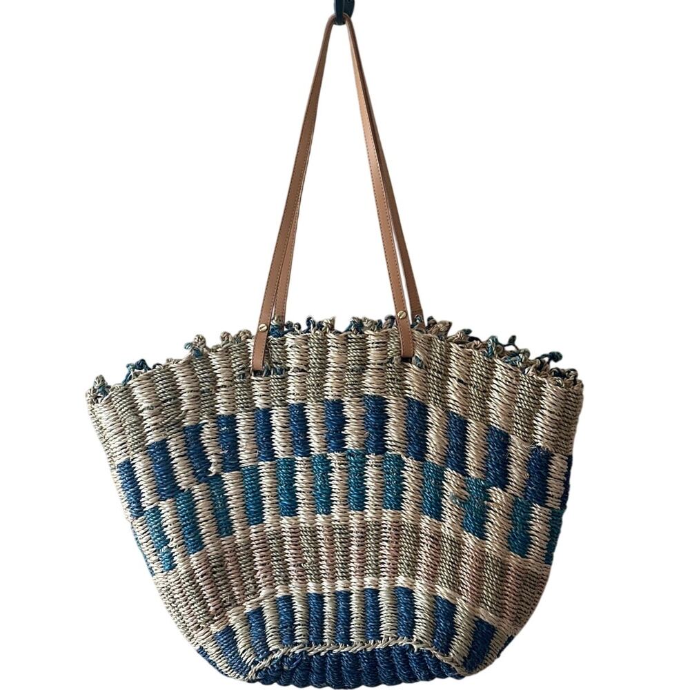 Tory Burch Ella Straw Tote Blue Striped Boho Beach Bag - Picture 2 of 10